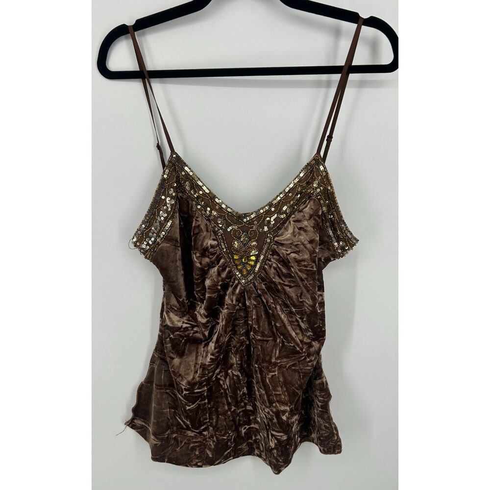 VTG Y2K Wet Seal Gold Brown Mesh Velour Sequin Beaded Cami Size XL Tank Top